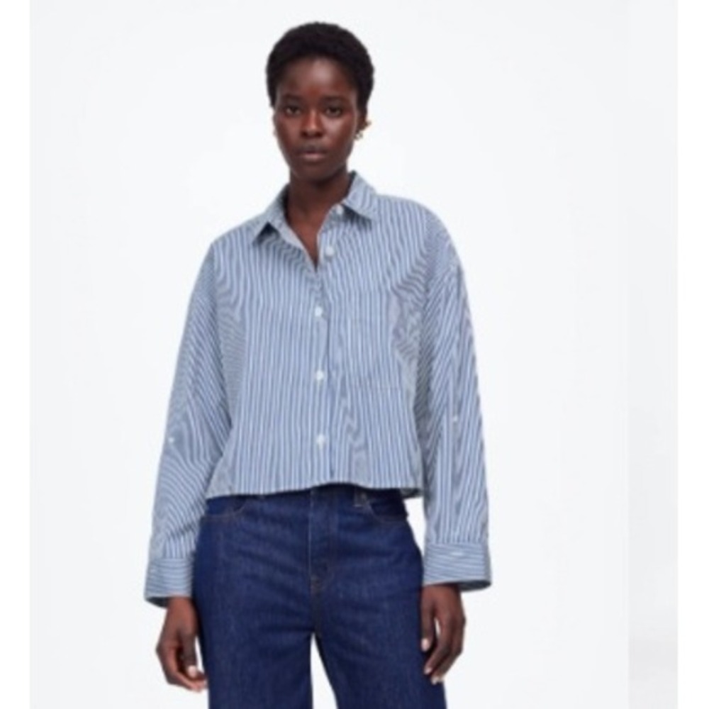 Madewell Womens‎ XL Blue White Striped Cotton Poplin Straight Hem Shirt